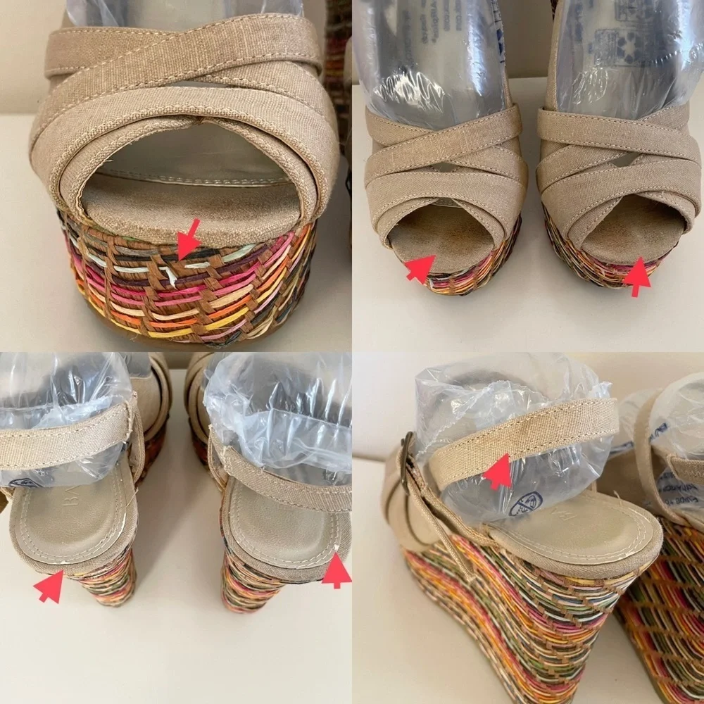 Bakers Tan Peep Toe Buckle Rainbow Basket Weave Style Wedges Women’s 7.5 Slim